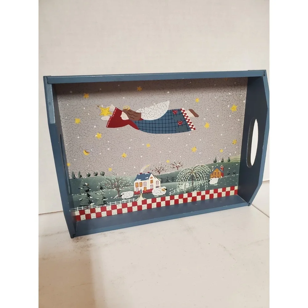 Vintage Folk Art Angel Serving Tray Handles Primitive Blue Winter Scene